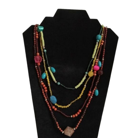 Colorful Quadruple Strand Multicolored Mixed Beaded Layered Statement Necklace - Picture 1 of 10